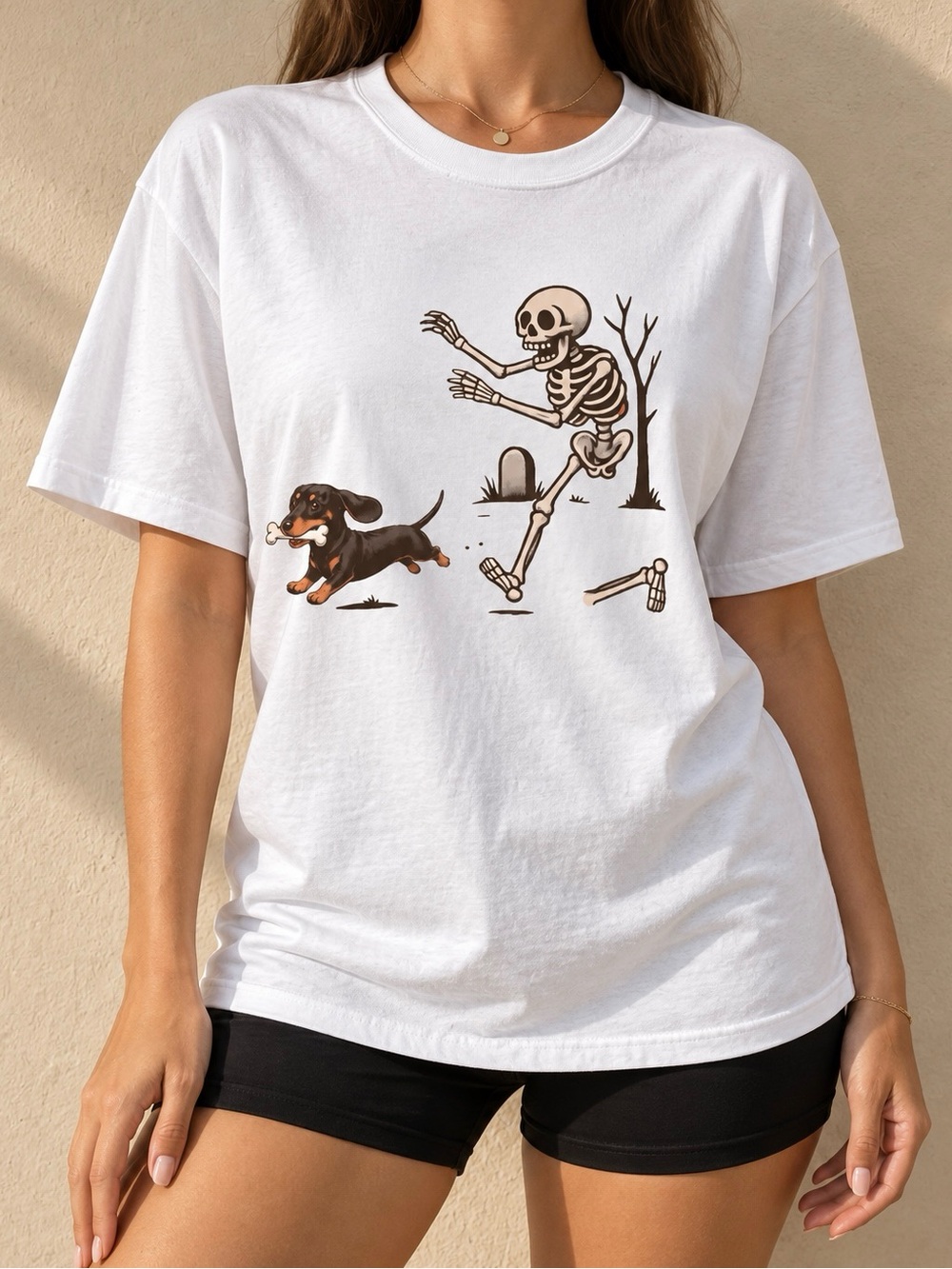 Dachshund Skeleton Stealing Bone White Funny Spooky Aesthetic Gildan Tee